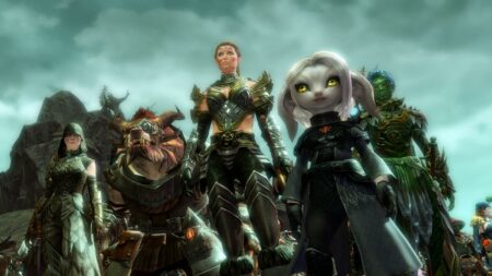 Die Gruppe an GW2 Charakteren blickt in den Himmel