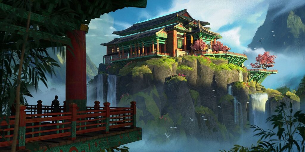 First Look auf ein End of Dragons Concept Art - man sieht einen asiatisches Tempelgebäude auf einem Hügel im Sonnenlicht