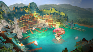 Ein Concept Art das den Hafen von Shing Lea zeigt.