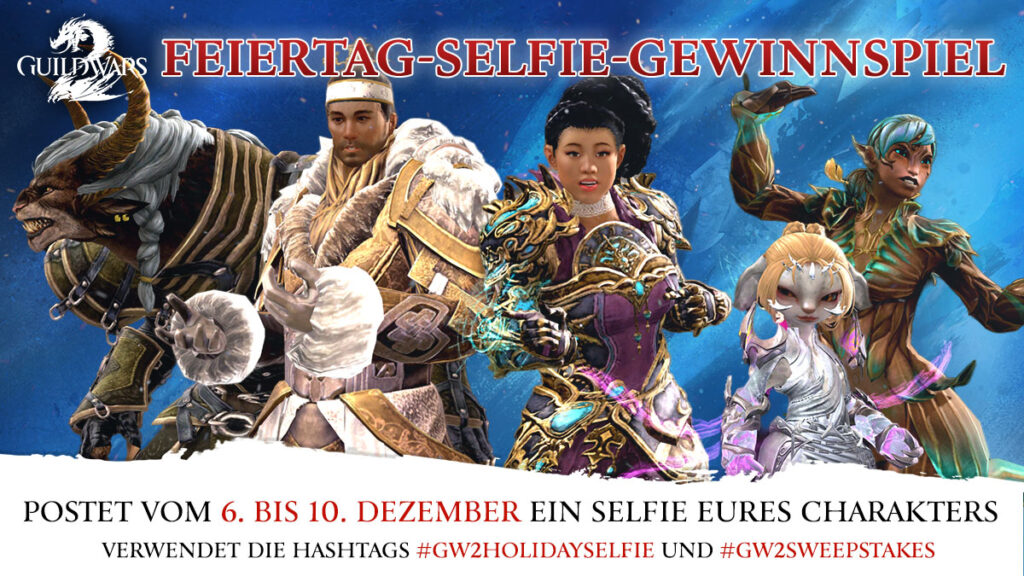 Feiertags-Selfie-Gewinnspiel. Mit Charekteren die die neuen Gesichter und Frisuren für Cantha verwenden.