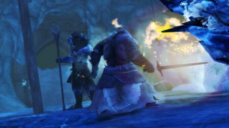 Ein Sohn Svaniers und ein Kodan stehen sich kampfbereit gegenüber