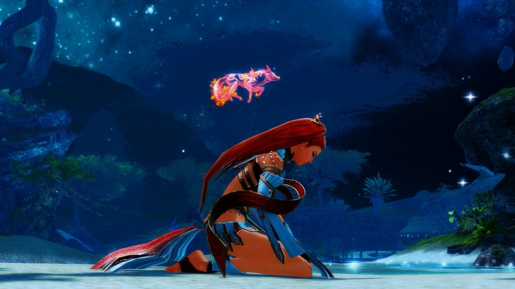 Menschliche Beschwörerin meditiert und Fuchsgeist springt um sie rum