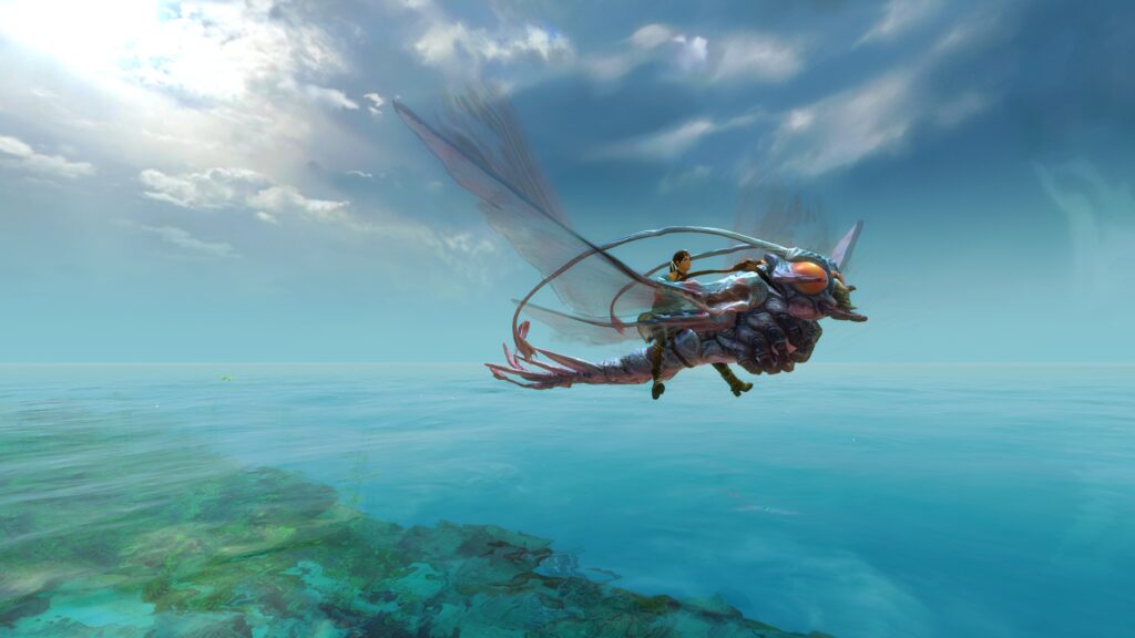 Menschenfrau schwebt auf Libellen-Schweberochen über das Meer