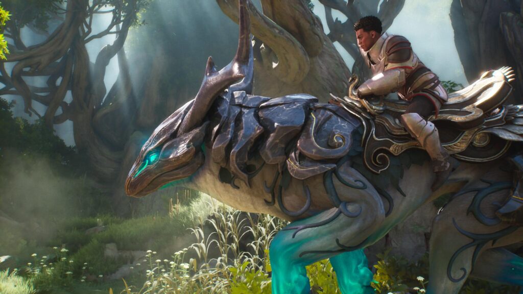Guild Wars 3 Reiter auf Pflanzenreittier im Wald