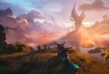 Guild Wars 3 Reiter auf Pflanzenreittier vor majestätischer Aussicht mit Türmen