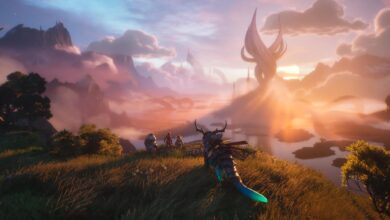 Guild Wars 3 Reiter auf Pflanzenreittier vor majestätischer Aussicht mit Türmen