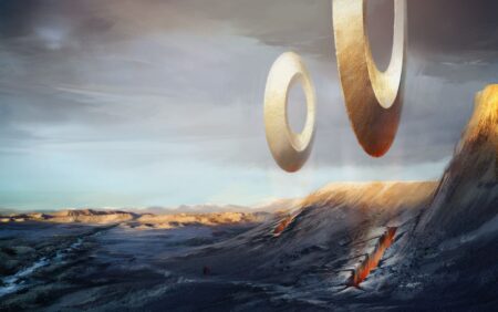 Ringe schweben in der Luft über einer Wüste