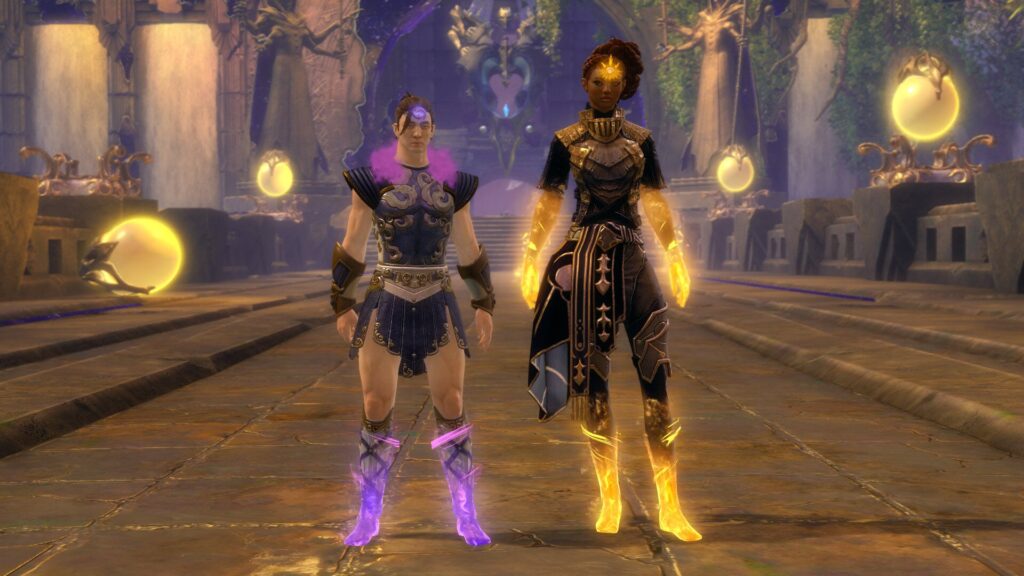 Promo Screenshot mit Scheiterhaufen-Handschuhen und Stiefel in Lila und Gelb